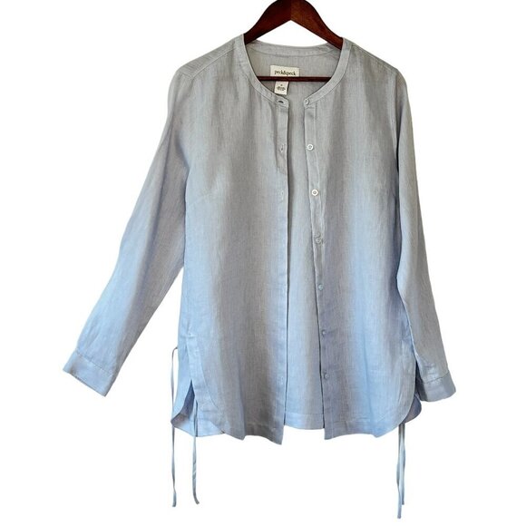 Peck & Peck Linen Tunic Button Down has Side Slits with Ties Robin Egg Blue Med - Picture 1 of 6
